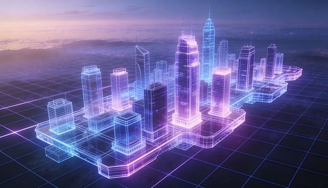 Neon holographic smart city model floating over digital grid with wireframe skyscrapers