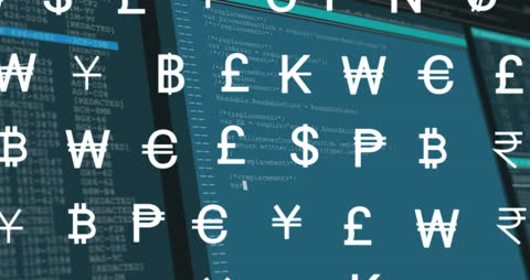 Currency Symbols Overlaying Digital Code on Blue Screen