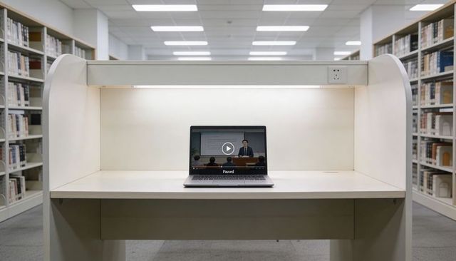 Minimal library study carrel with laptop showing paused lecture under built-in lamp