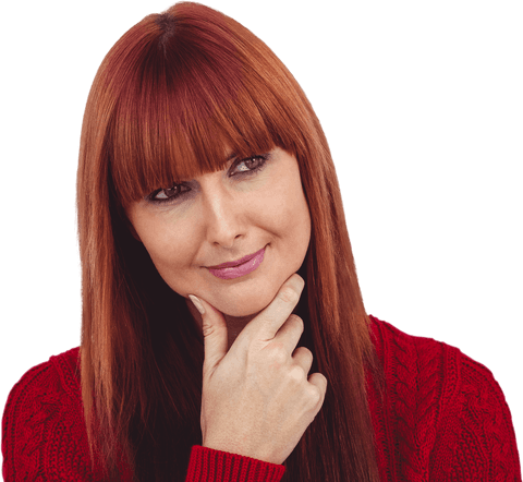 Thoughtful redheaded woman in red outfit with transparent background