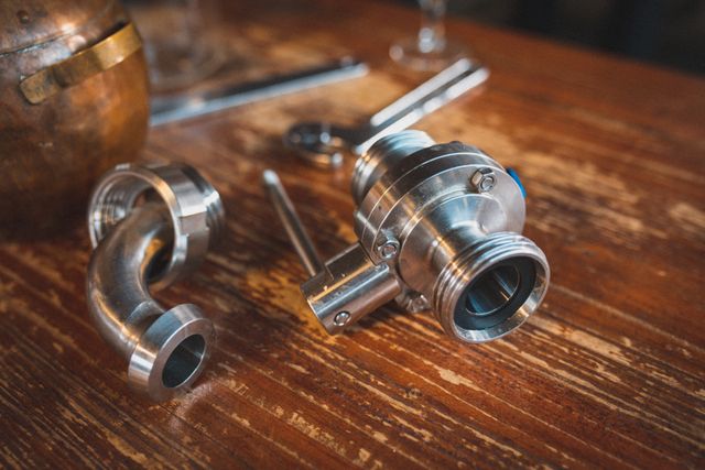 Plumbing pipe parts and tools are arranged on a worn wooden worktop at a gin distillery. This image captures the essence of an independent craft gin distillery business, showcasing the industrial equipment and craftsmanship involved. Ideal for use in articles or advertisements related to distilleries, plumbing, industrial manufacturing, or small business operations.