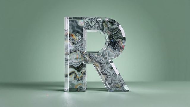 Translucent glass marble swirl 3d letter r in green studio