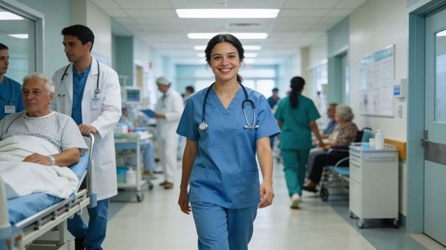 Smiling nurse walking down busy hospital corridor with stethoscope and patient on gurney