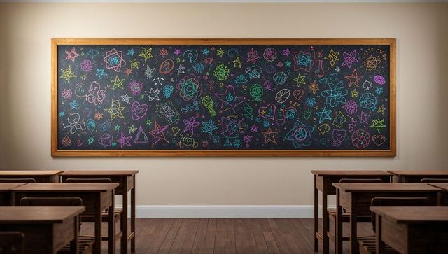 Colorful chalk doodles on chalkboard in classroom