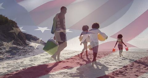 African American Family Strolling Beach with US Flag Overlay