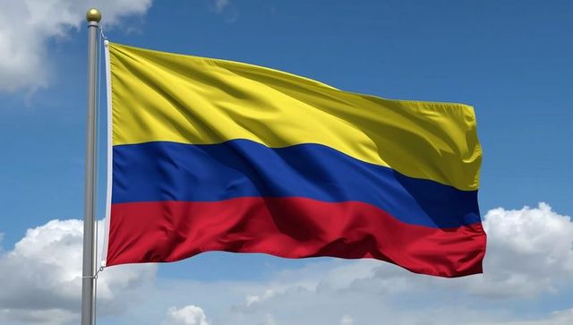 Colombian flag waving proudly against blue sky