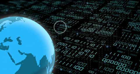Rotating Blue Earth Globe with Binary Data Grid Representing Global Cyber Network