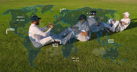 Four athletes performing synchronized core workout on grass with global digital map overlay
