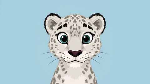 Whimsical Cartoon Snow Leopard Cub on Pastel Blue