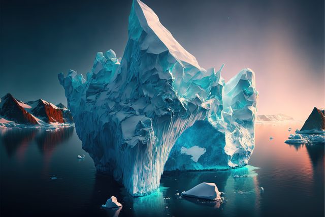 Composition of icebergs reflected in sea over sky, created using generative ai technology. Nature and icebergs concept digitally generated image.