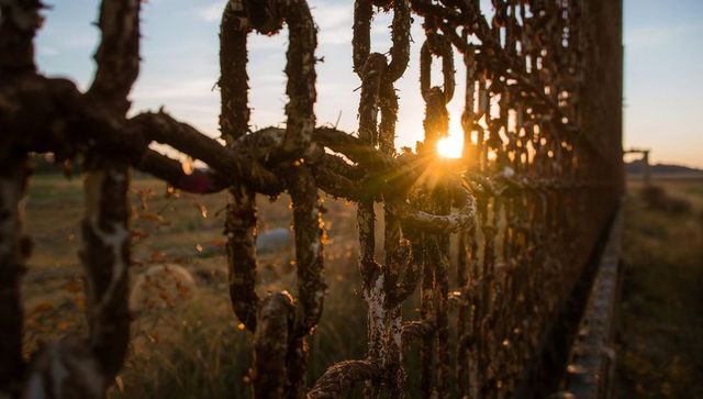 Rusted chainlink fence catching golden hour sun flare, peeling paint and cobwebs