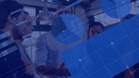 Business Professionals Analyzing Data with Futuristic Graphics