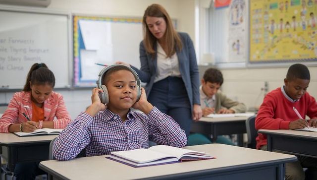 Focused student listening to headphones in classroom environment