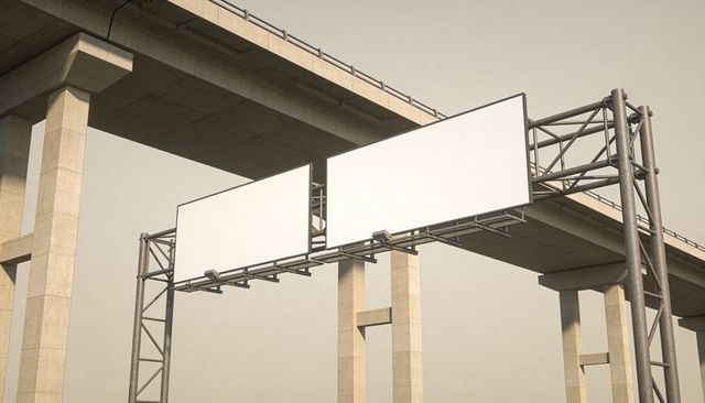 Blank billboard pair displaying above elevated concrete viaduct on steel gantry