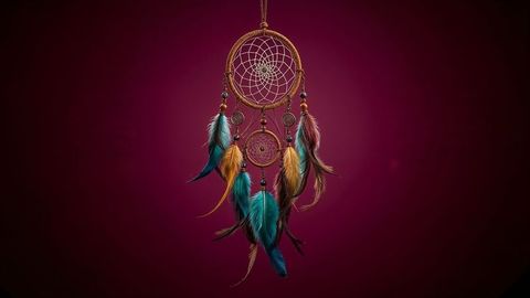 Handmade Dreamcatcher with Colorful Feathers on Magenta Background