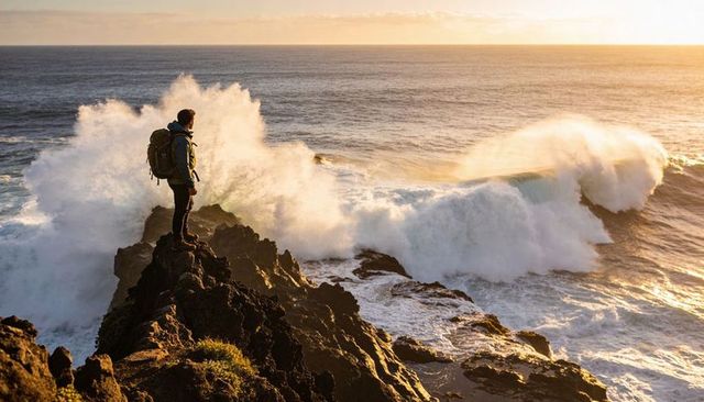 Hiker standing on rocky cliff watching massive ocean waves at golden sunset