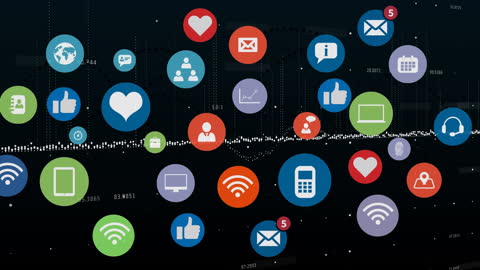 Floating Digital Icons on Data Processing Background