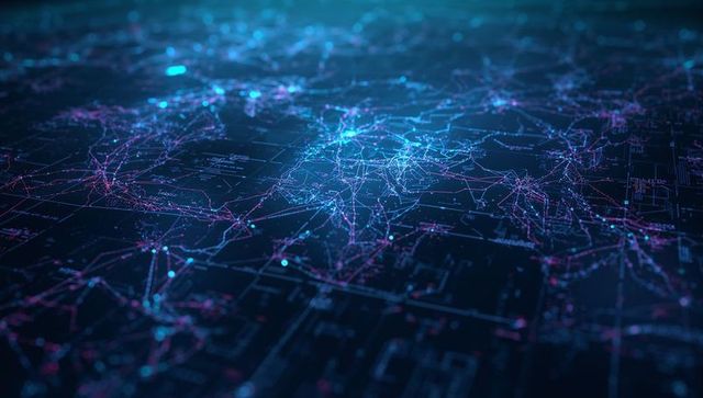 Pulsing data hub connecting global network nodes on futuristic holographic grid