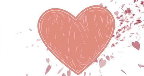 Hand-drawn coral heart floating among scattered petals and hearts minimalist valentine banner
