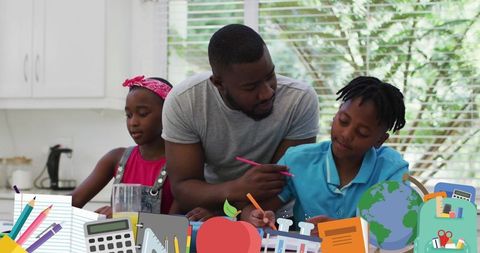 Father Assisting Children with Homework Amidst Educational Icons