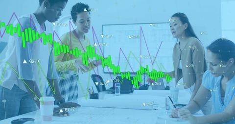 Collaborative data analysis meeting in modern office