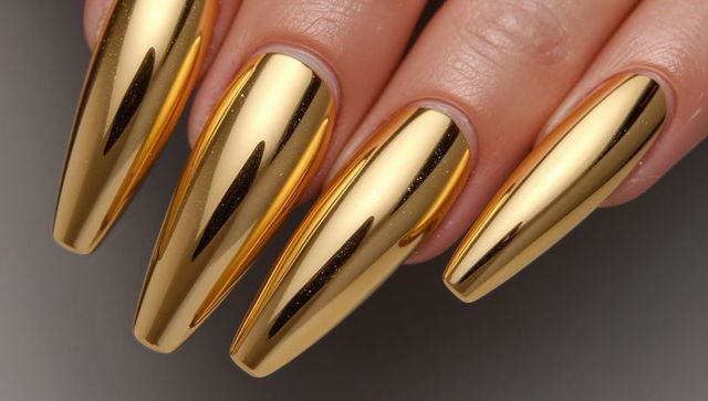 Gold chrome stiletto nails featuring ultra glossy long metallic manicure macro luxury