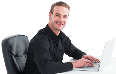 Smiling Businessman Using Laptop in Office Setting Transparent Background - Download Free Stock Videos Pikwizard.com