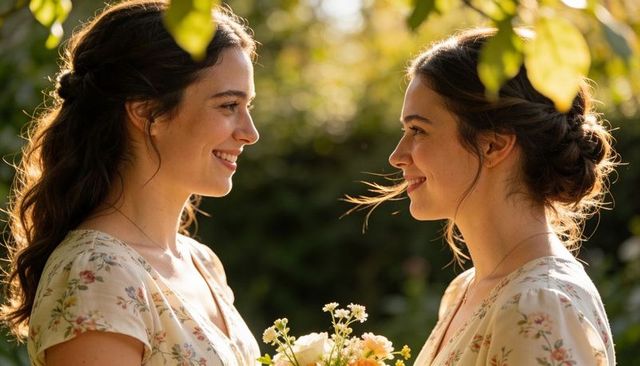 Smiling women holding bouquet in sunlit garden, wearing floral dresses and simple pendants