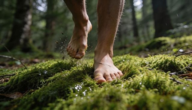 Man walking barefoot on mossy forest floor, wet conifer woods, close-up feet motion