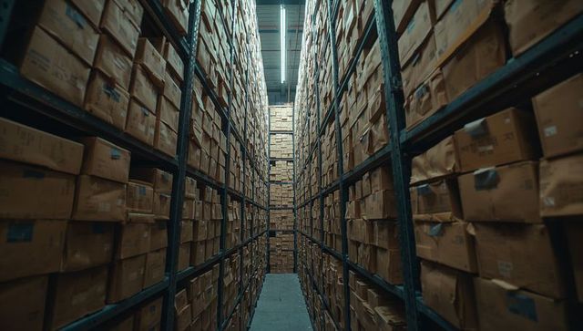 Industrial storage warehouse with metal shelving filled with boxes