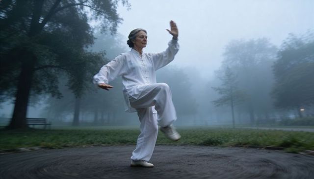 Senior woman practicing tai chi in foggy park at dawn, balancing in white traditional uniform