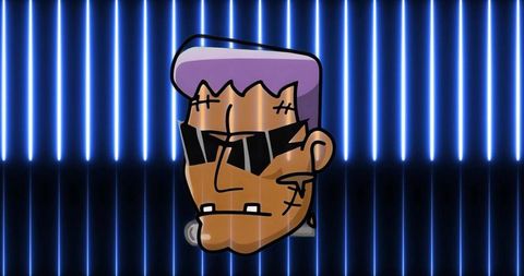 Cyberpunk cartoon head with futuristic neon grid background