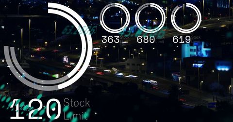 Shimmering city lights overlaid with digital tech interface