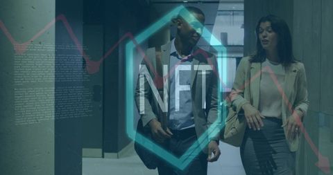 Professionals discussing nfts with digital chart overlay in office hall