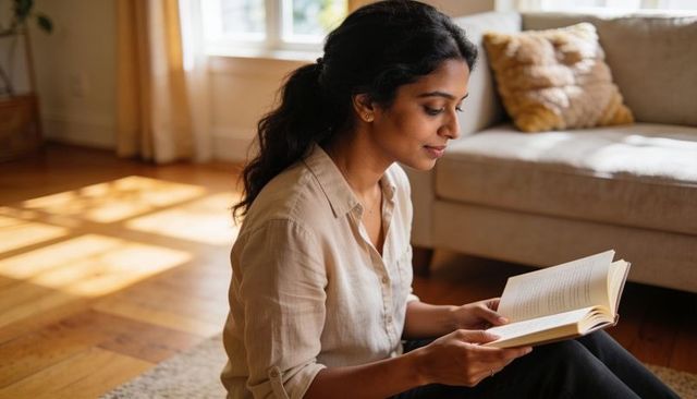 Young woman reading paperback on rug by sunlit sofa, cozy modern home reading moment