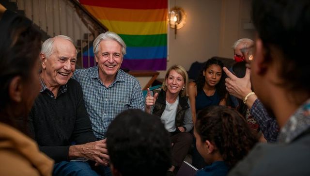 Diverse Group Discussing Community Issues With Rainbow Flag