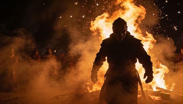 Hooded figure wearing bird mask walking through smoke and embers bonfire night ritual