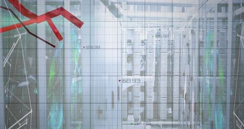 Central server racks showing real-time performance metrics with red declining chart overlay