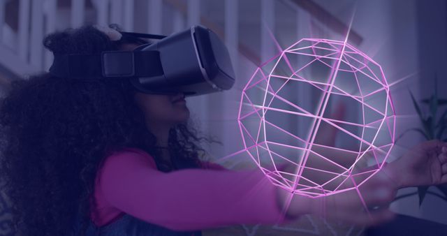 Young woman using VR headset in a home setting with a pink holographic sphere. Perfect for technology, virtual reality, gaming, and futuristic themed projects.
