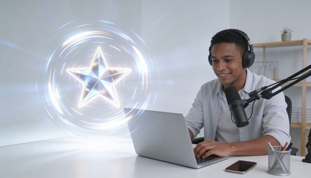 Smiling podcaster streaming on laptop with holographic star effect, creating futuristic media