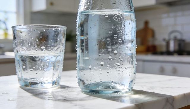 Sunlit glass bottle with condensation on marble countertop in modern kitchen interior
