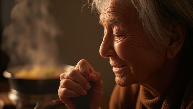 Senior woman savoring soup aroma while holding ladle by steaming pot in cozy kitchen
