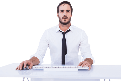 Transparent background businessman focused at work station