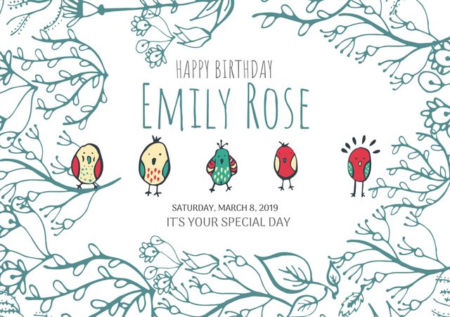 Whimsical bird-themed birthday card features endearing bird illustrations and a floral border. This charming design is perfect for springtime celebrations, birthdays, and special events, ideal for sending personalized greetings.