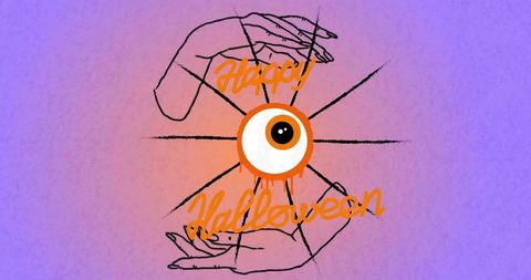 Surreal eyeball poster featuring dripping orange orb, sketch hands and happy halloween script