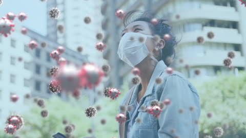 Masked Woman in City with Floating COVID-19 Particles