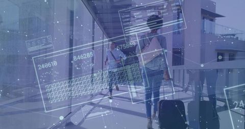 Travelers in Futuristic Airport with Digital Data Overlays
