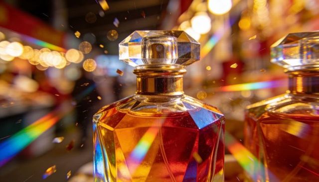 Luxurious faceted perfume bottle with crystal stopper and prismatic light flares