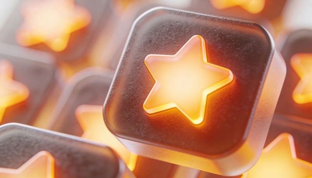 Glowing amber star keys on frosted resin rounded squares, abstract ui rating concept macro
