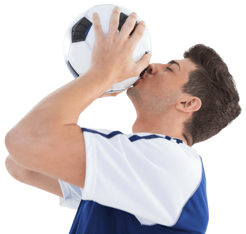 Transparent sportsman kissing football expressing passion